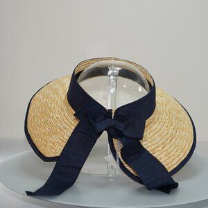 Ann Taylor Straw Fedora Sun Hat with Blue Ribbon